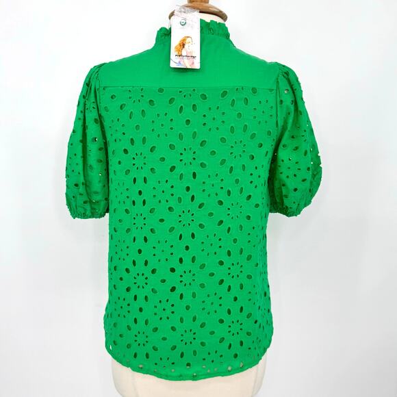 NWT Pretty Garden Kelly Green Eyelet Puff Sleeve Blouse Womens Size Small - Picture 7 of 9